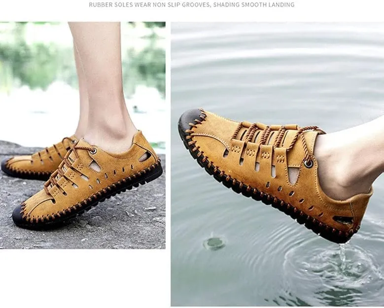 Asifn Men's Sports Sandals Outdoor Leather Casual Breathable Walking Shoes Business Summer with Closed Toe