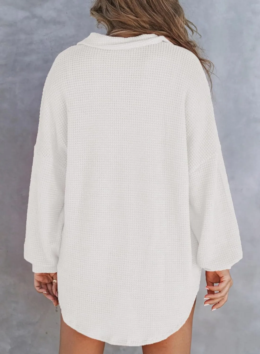 Astylish Women Waffle Knit Tops Henley Shirts Long Sleeve V Neck Solid Color Casual Tunic