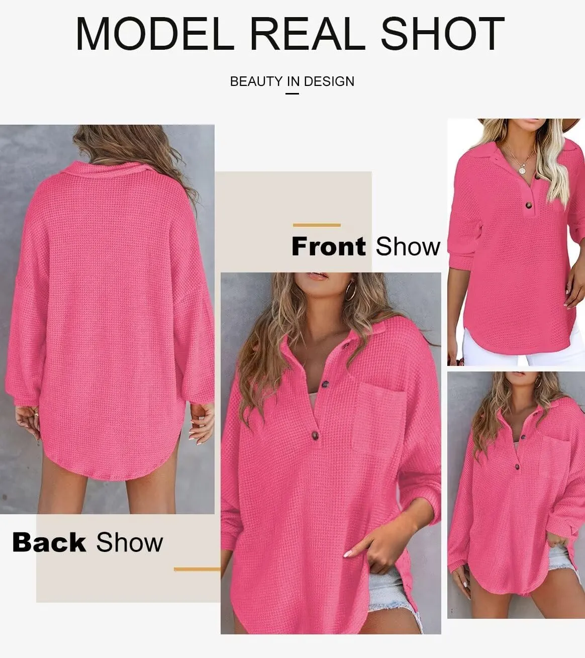 Astylish Women Waffle Knit Tops Henley Shirts Long Sleeve V Neck Solid Color Casual Tunic