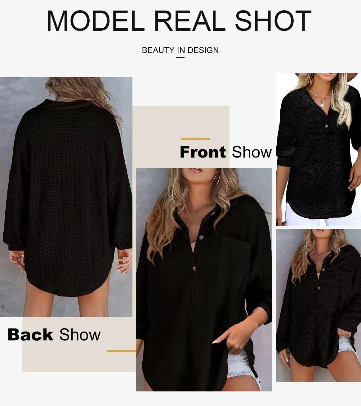 Astylish Women Waffle Knit Tops Henley Shirts Long Sleeve V Neck Solid Color Casual Tunic