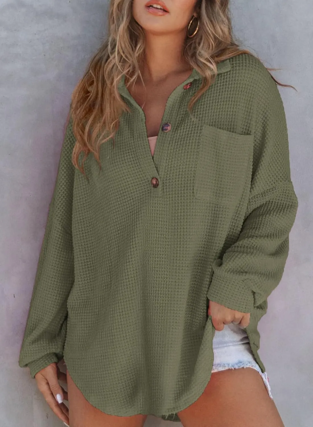 Astylish Women Waffle Knit Tops Henley Shirts Long Sleeve V Neck Solid Color Casual Tunic
