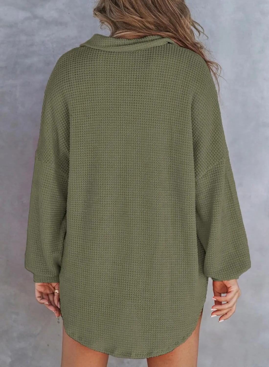 Astylish Women Waffle Knit Tops Henley Shirts Long Sleeve V Neck Solid Color Casual Tunic