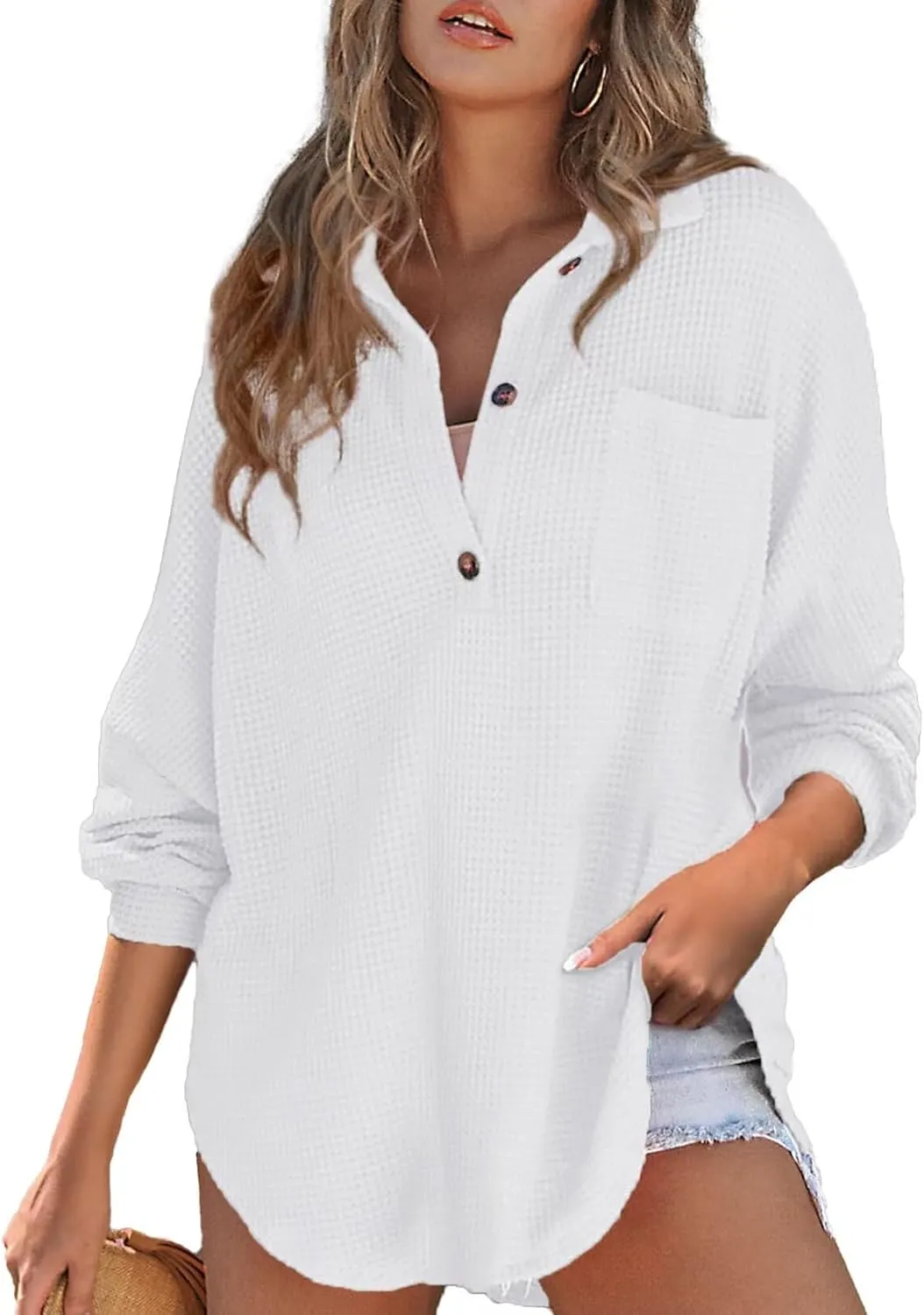 Astylish Women Waffle Knit Tops Henley Shirts Long Sleeve V Neck Solid Color Casual Tunic