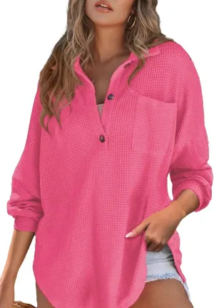 Astylish Women Waffle Knit Tops Henley Shirts Long Sleeve V Neck Solid Color Casual Tunic