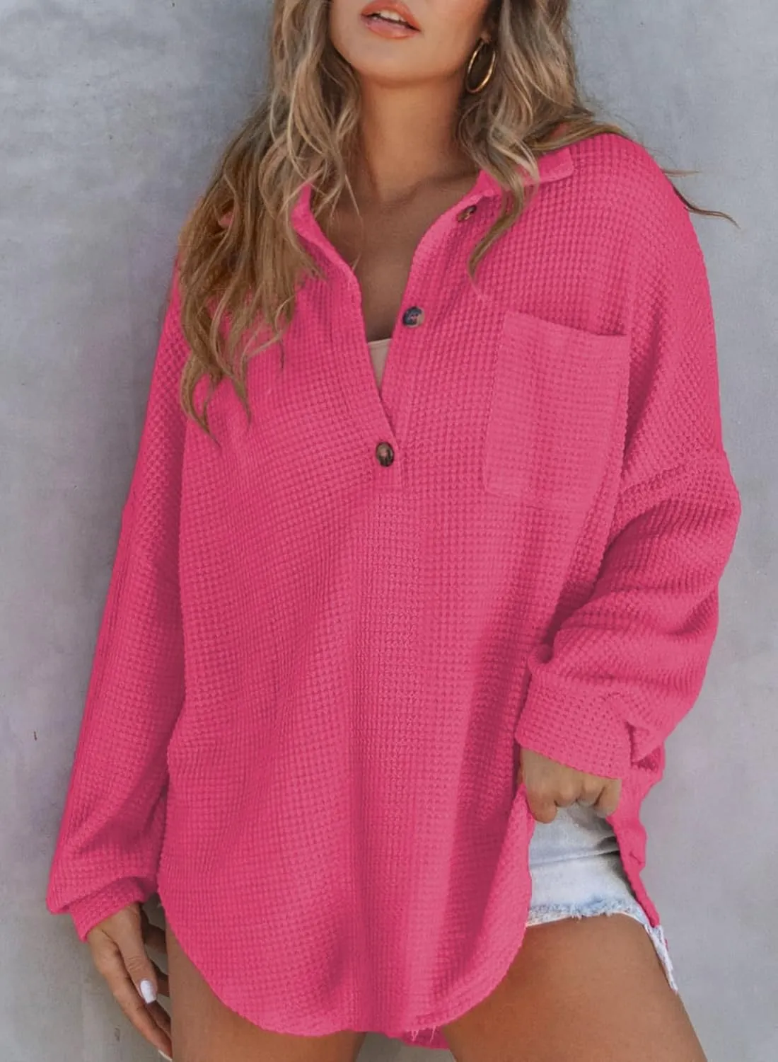 Astylish Women Waffle Knit Tops Henley Shirts Long Sleeve V Neck Solid Color Casual Tunic