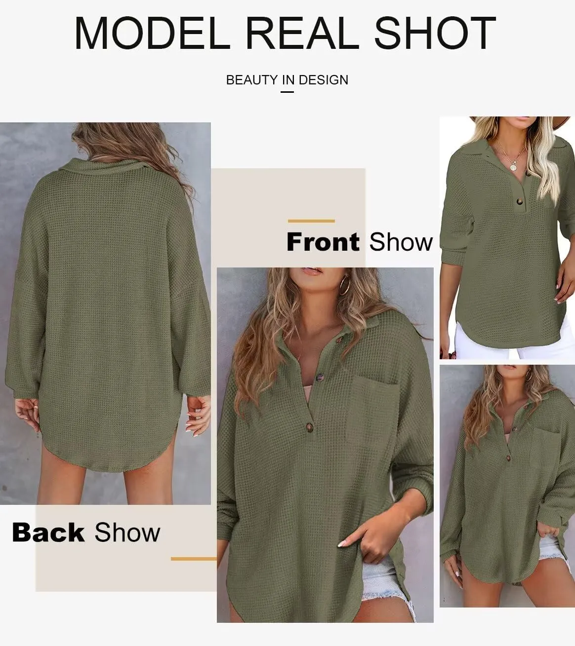 Astylish Women Waffle Knit Tops Henley Shirts Long Sleeve V Neck Solid Color Casual Tunic