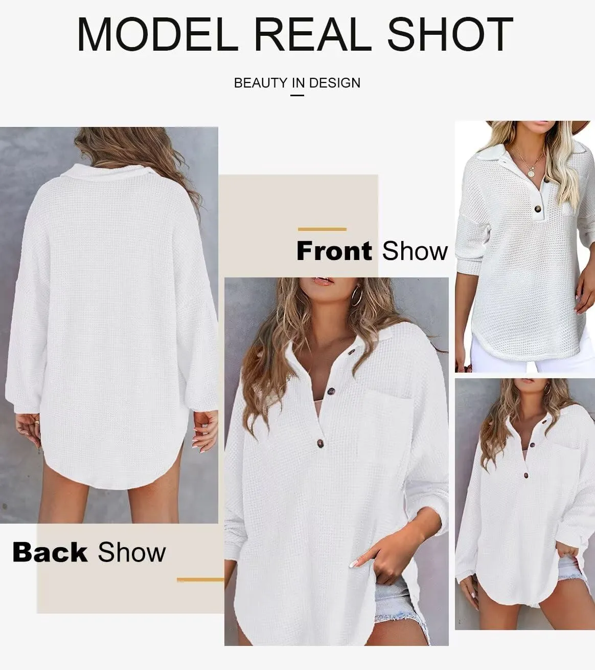 Astylish Women Waffle Knit Tops Henley Shirts Long Sleeve V Neck Solid Color Casual Tunic