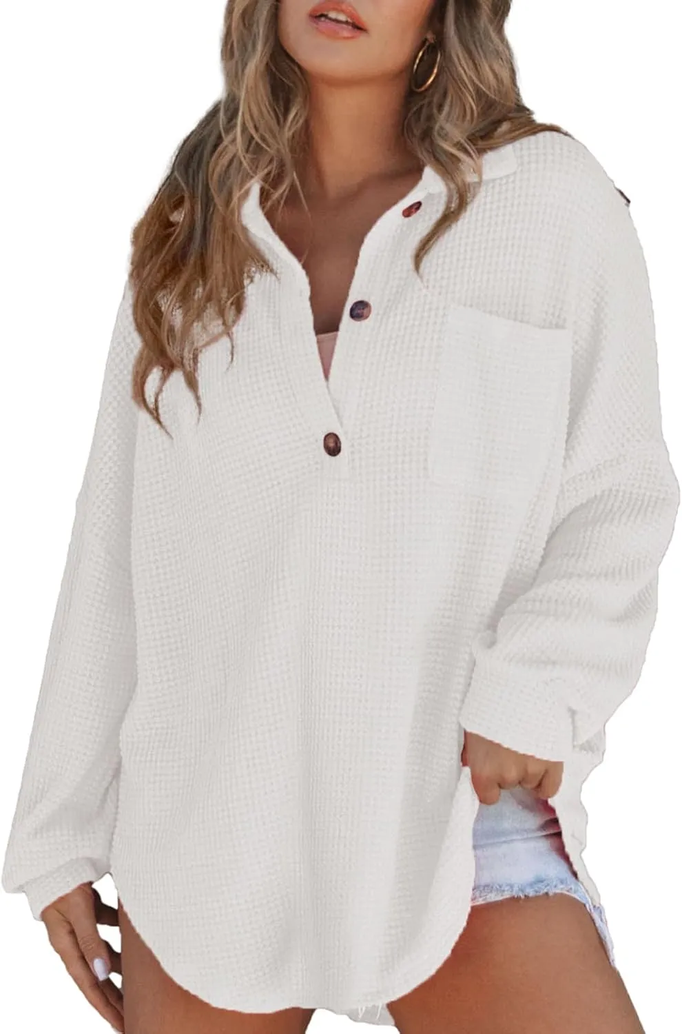Astylish Women Waffle Knit Tops Henley Shirts Long Sleeve V Neck Solid Color Casual Tunic