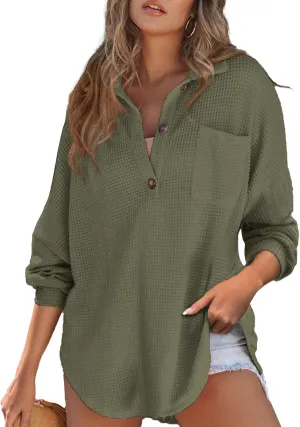 Astylish Women Waffle Knit Tops Henley Shirts Long Sleeve V Neck Solid Color Casual Tunic