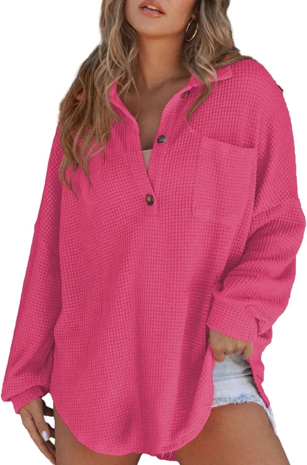 Astylish Women Waffle Knit Tops Henley Shirts Long Sleeve V Neck Solid Color Casual Tunic