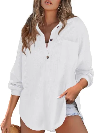 Astylish Women Waffle Knit Tops Henley Shirts Long Sleeve V Neck Solid Color Casual Tunic