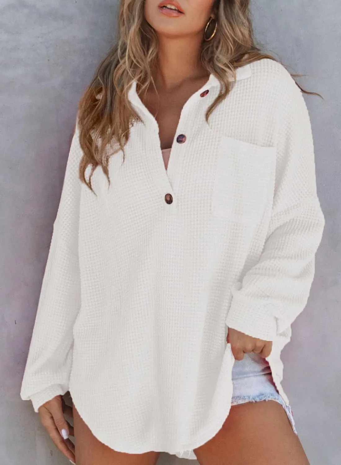 Astylish Women Waffle Knit Tops Henley Shirts Long Sleeve V Neck Solid Color Casual Tunic