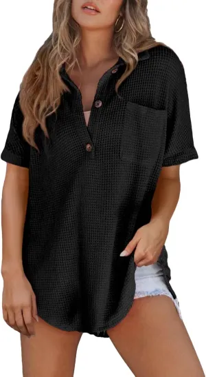 Astylish Women Waffle Knit Tops Henley Shirts Short Sleeve V Neck Solid Color Casual Tunic