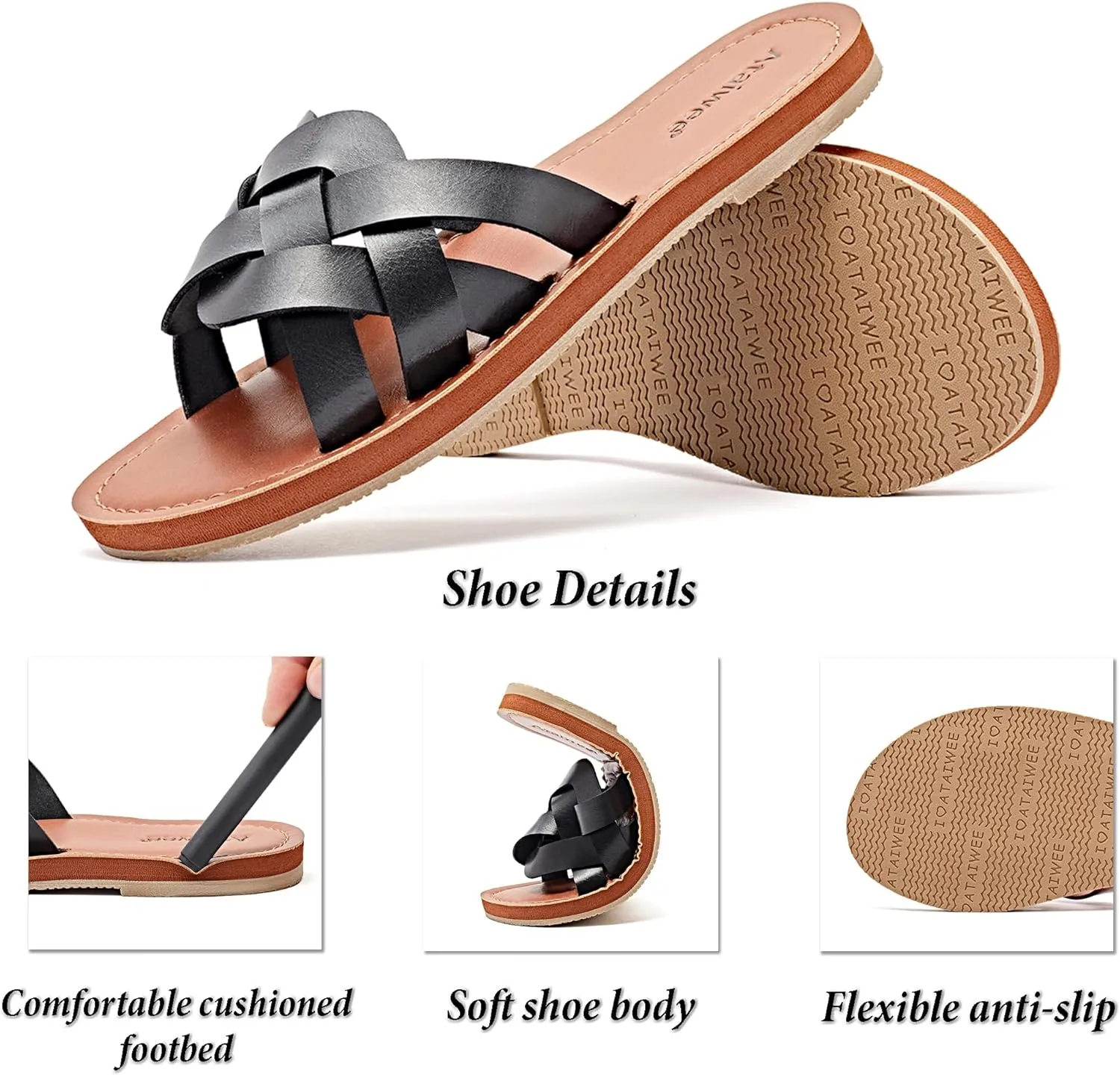 Ataiwee Women's Flat Slide Sandals - Fashion Slip On Flat Summer Shoes.