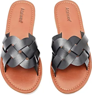 Ataiwee Women's Flat Slide Sandals - Fashion Slip On Flat Summer Shoes.