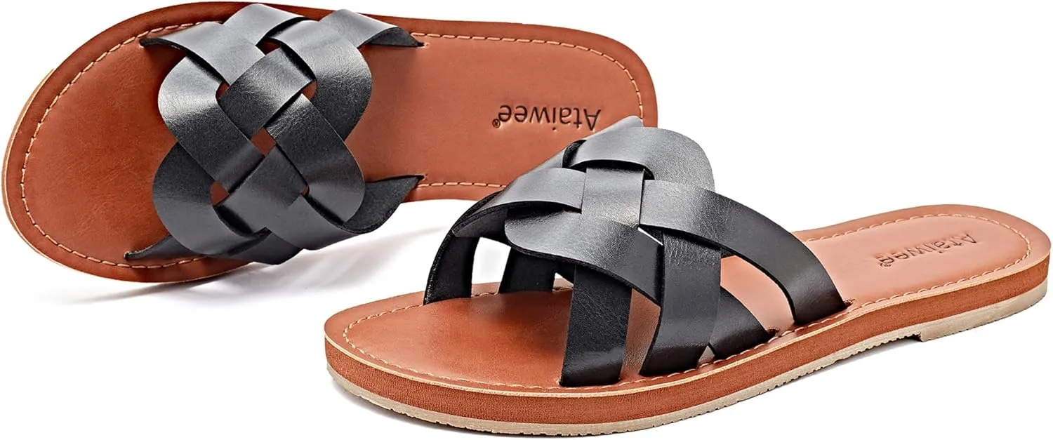 Ataiwee Women's Flat Slide Sandals - Fashion Slip On Flat Summer Shoes.