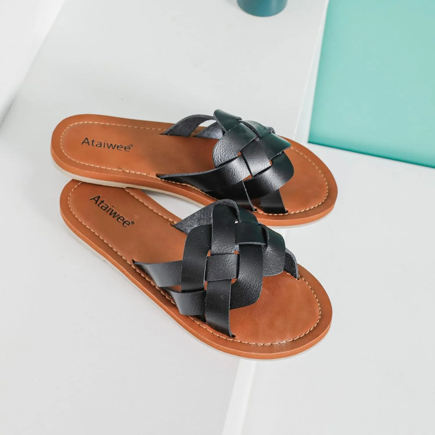 Ataiwee Women's Flat Slide Sandals - Fashion Slip On Flat Summer Shoes.
