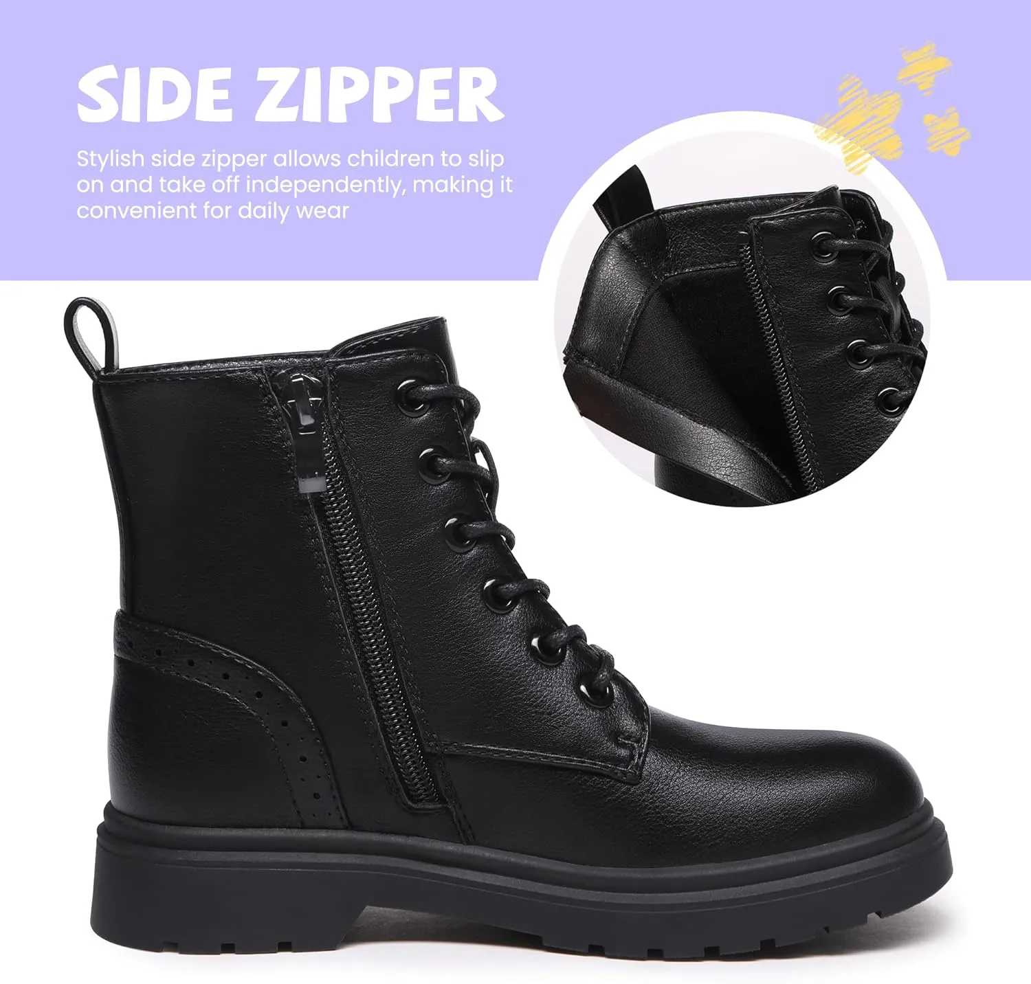 Athlefit Boys Girls Waterproof Combat Boots Lace Up Side Zipper Ankle Booties for Toddler/Little Kid/Big Kid