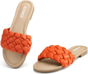 ATHMILE Braided Womens Sandals Round Open Toe Fashion Slide Sandals Women Dressy Summer Flat Beach Size 6-11