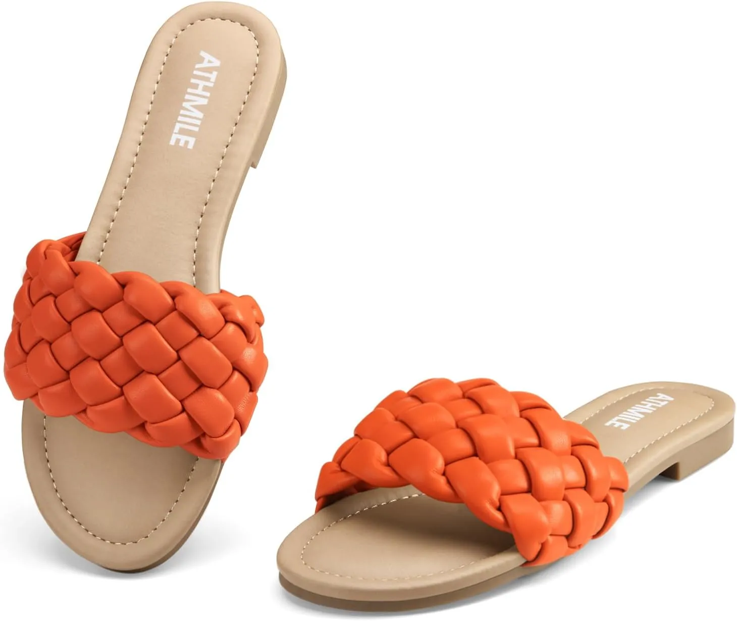 ATHMILE Braided Womens Sandals Round Open Toe Fashion Slide Sandals Women Dressy Summer Flat Beach Size 6-11
