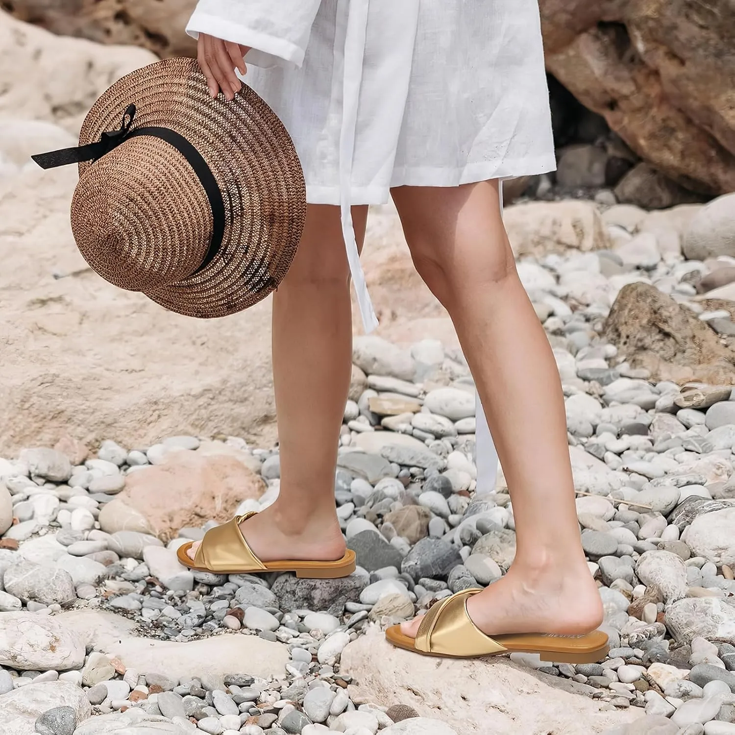 ATHMILE Sandals Women Dressy Summer Flat Comfortable Fashion Beach Cute Ladies Slides Leather Casual Dress Women's Sandals 2025 Size 6-11