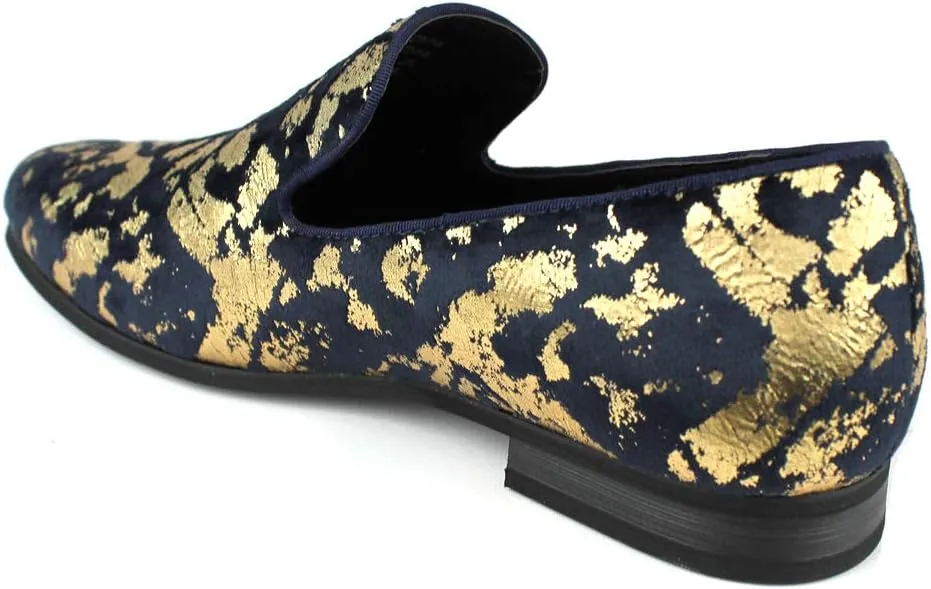 AZAR MAN Men's Slip On Velvet Gold Leopard Print Dress Shoes Loafers LS21