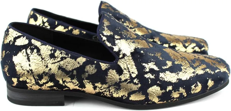 AZAR MAN Men's Slip On Velvet Gold Leopard Print Dress Shoes Loafers LS21