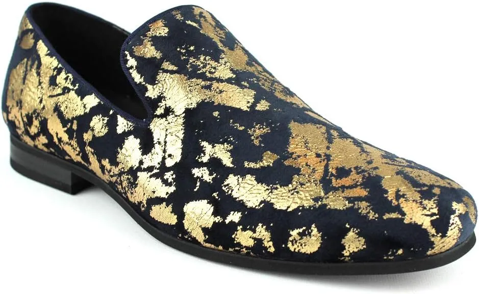 AZAR MAN Men's Slip On Velvet Gold Leopard Print Dress Shoes Loafers LS21
