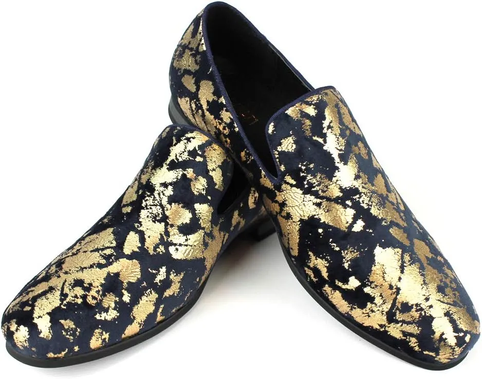 AZAR MAN Men's Slip On Velvet Gold Leopard Print Dress Shoes Loafers LS21