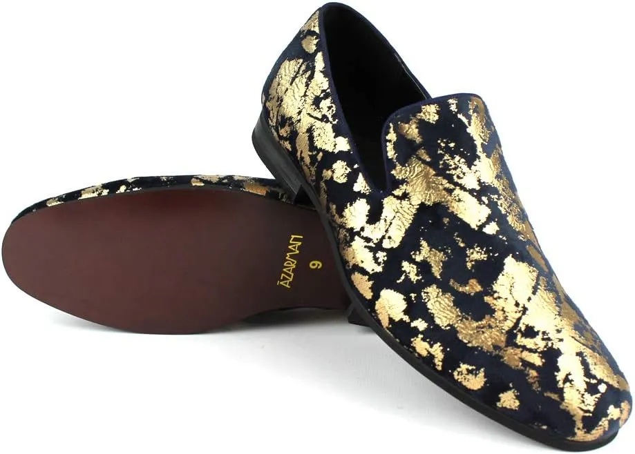 AZAR MAN Men's Slip On Velvet Gold Leopard Print Dress Shoes Loafers LS21