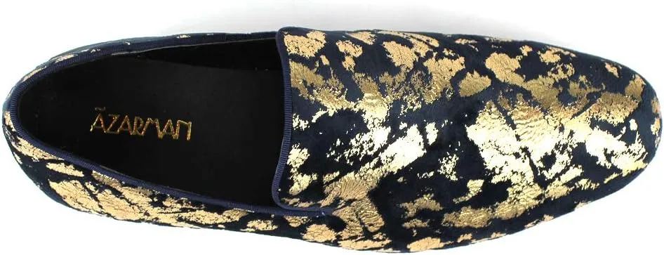 AZAR MAN Men's Slip On Velvet Gold Leopard Print Dress Shoes Loafers LS21