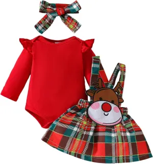 Baby Girls Christmas Outfits Ribbed Solid Bodysuit Romper Reindeer Plaid Overall Skirt Headband (Red, 0-3 Months)