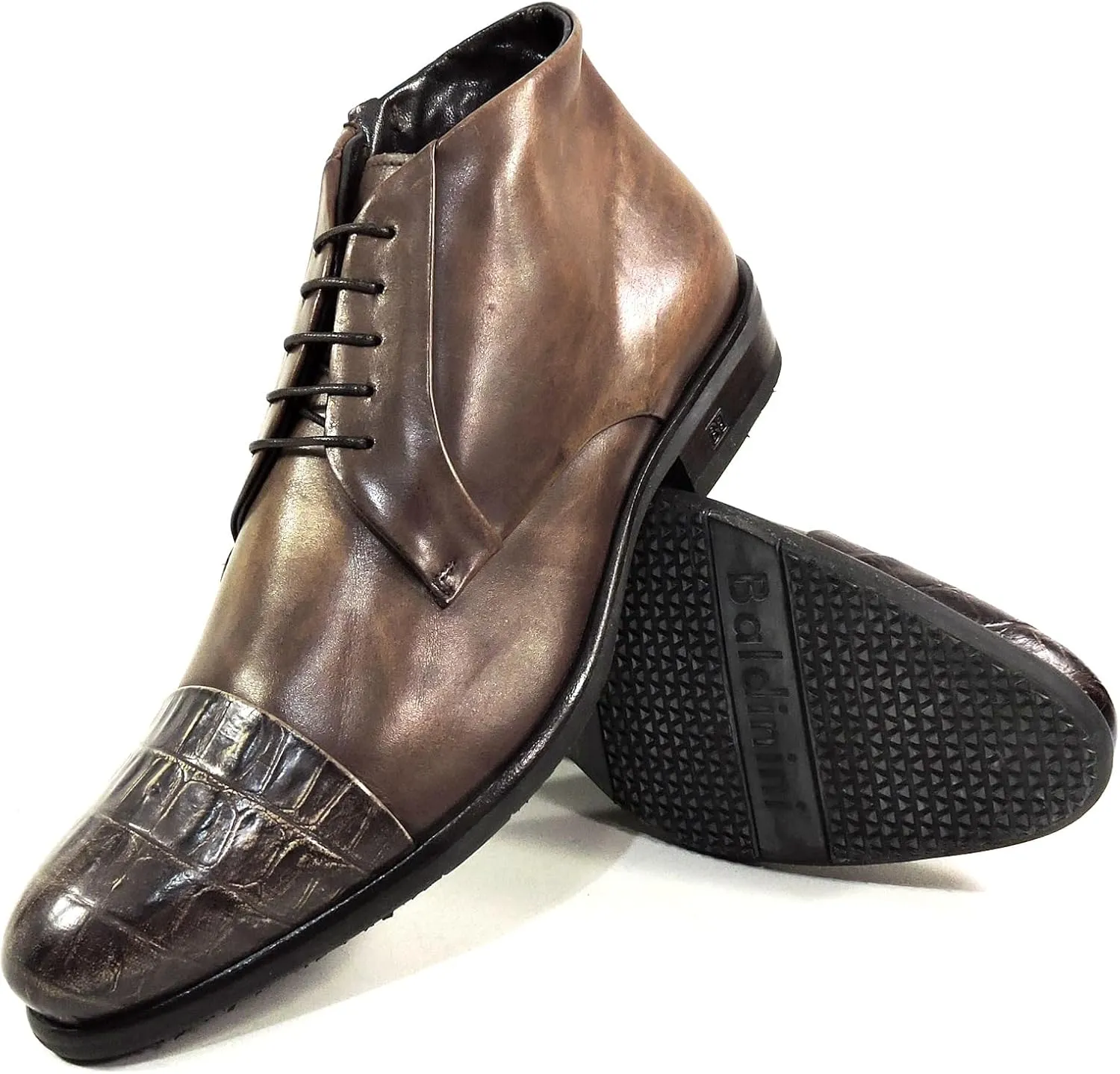 Baldinini Men's Brown Leather Ankle Boots, Croc-Embossed Cap Toe, Lace-Up with Side Zip