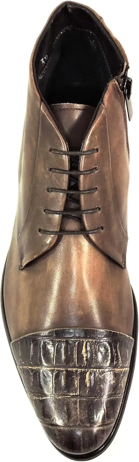 Baldinini Men's Brown Leather Ankle Boots, Croc-Embossed Cap Toe, Lace-Up with Side Zip