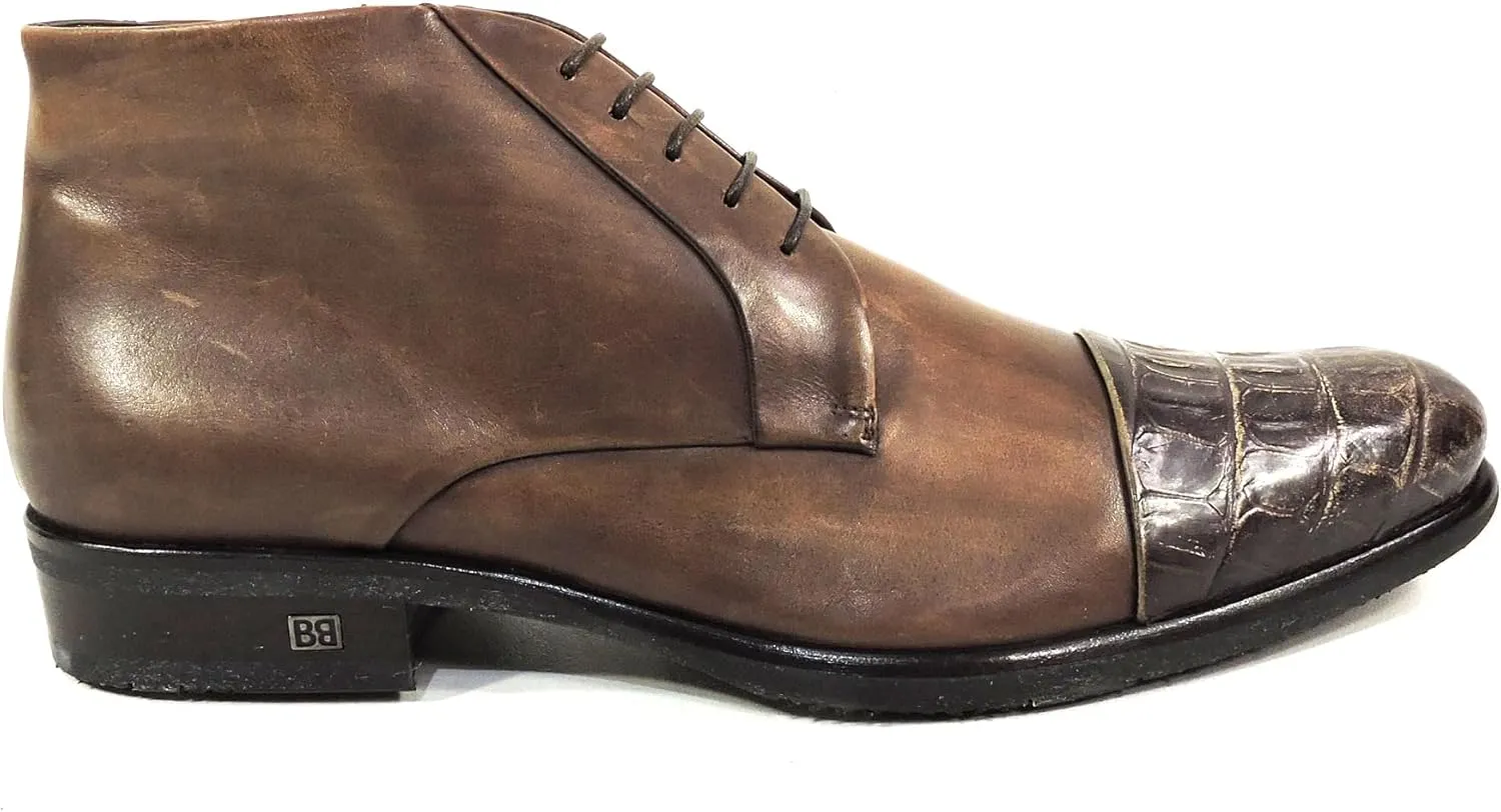 Baldinini Men's Brown Leather Ankle Boots, Croc-Embossed Cap Toe, Lace-Up with Side Zip