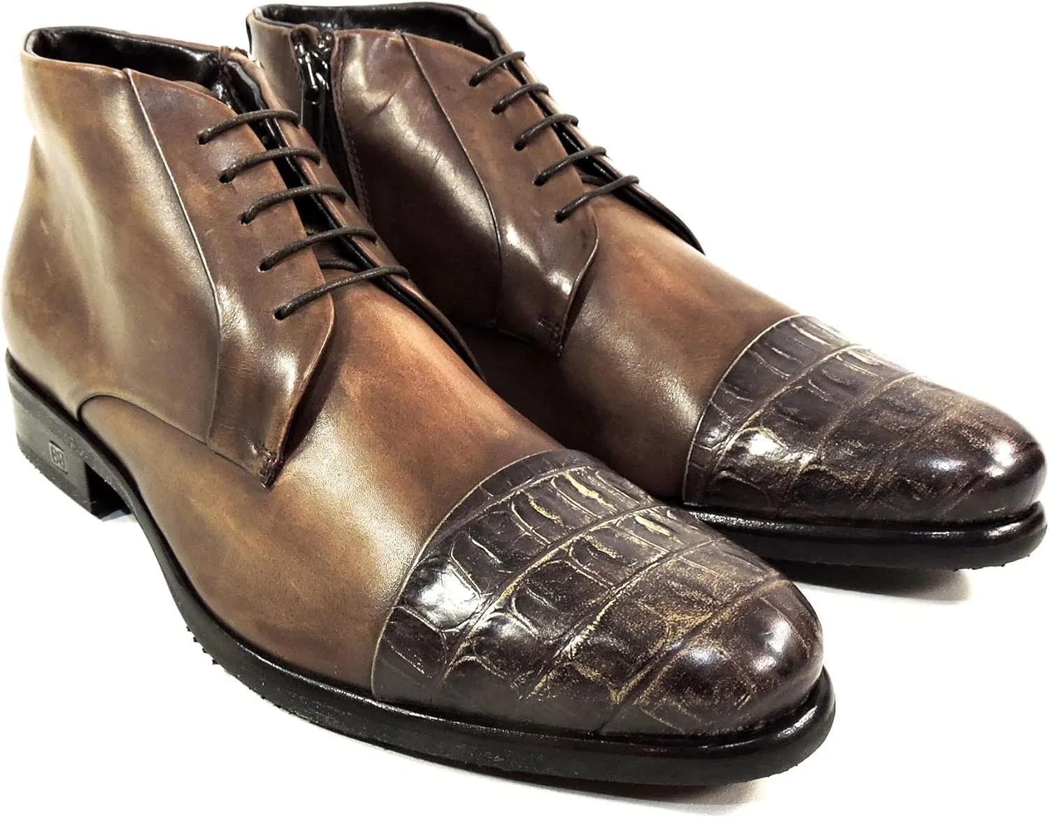 Baldinini Men's Brown Leather Ankle Boots, Croc-Embossed Cap Toe, Lace-Up with Side Zip
