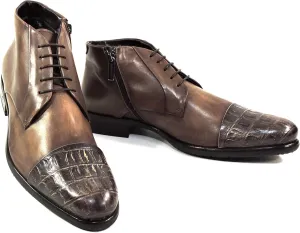 Baldinini Men's Brown Leather Ankle Boots, Croc-Embossed Cap Toe, Lace-Up with Side Zip