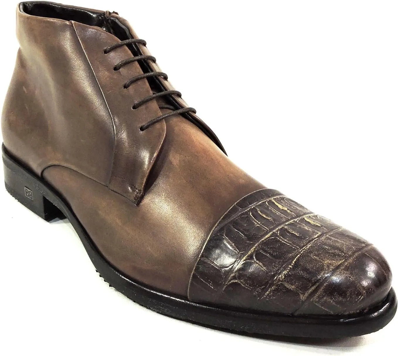 Baldinini Men's Brown Leather Ankle Boots, Croc-Embossed Cap Toe, Lace-Up with Side Zip
