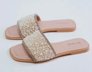 BAMBOO Hint-01 Pearl Embellished Band Angular Peep Toe Women Flat sandal
