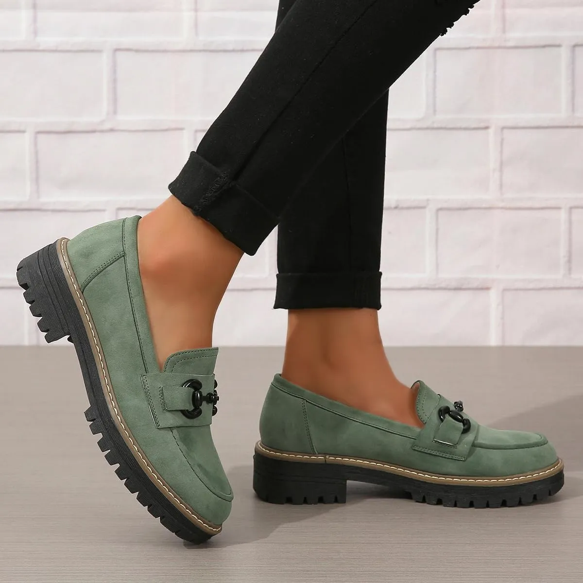 Bandkos Womens Penny Platform Loafers-Fashion Suede Platform Chunky Slip On Dress Shoes Business Lug Sole Loafers US Size 5-12