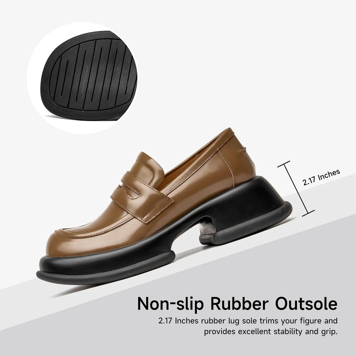 BEAU TODAY Chunky Loafers for Women, Womens Leather Penny Loafers, Comfortable Slip on Business Casual Square Toe Non-Slip Office Ladies Dress Shoes