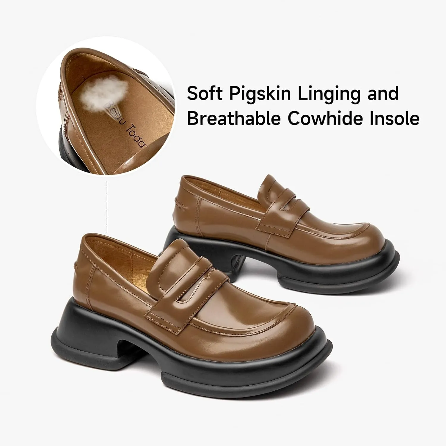 BEAU TODAY Chunky Loafers for Women, Womens Leather Penny Loafers, Comfortable Slip on Business Casual Square Toe Non-Slip Office Ladies Dress Shoes