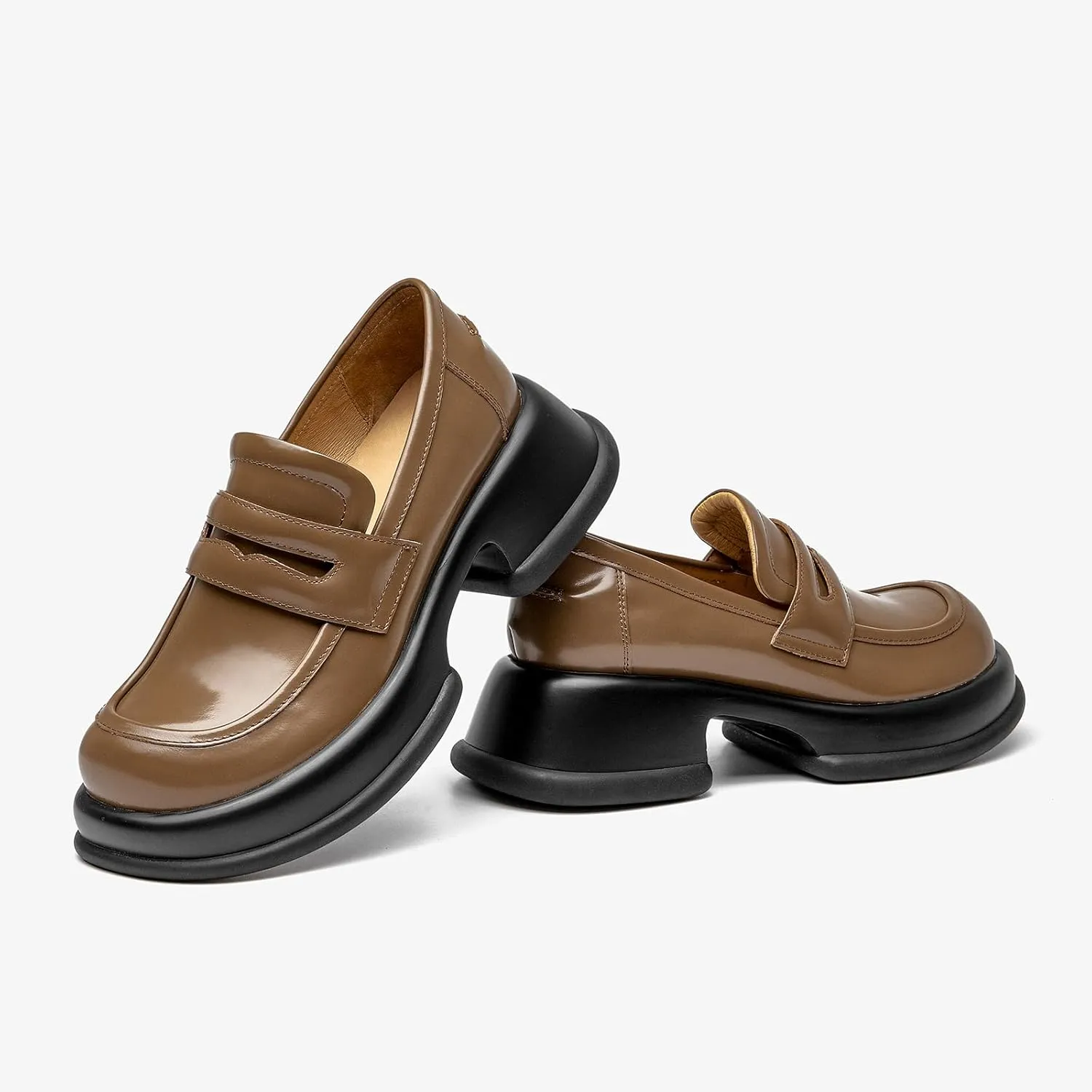 BEAU TODAY Chunky Loafers for Women, Womens Leather Penny Loafers, Comfortable Slip on Business Casual Square Toe Non-Slip Office Ladies Dress Shoes