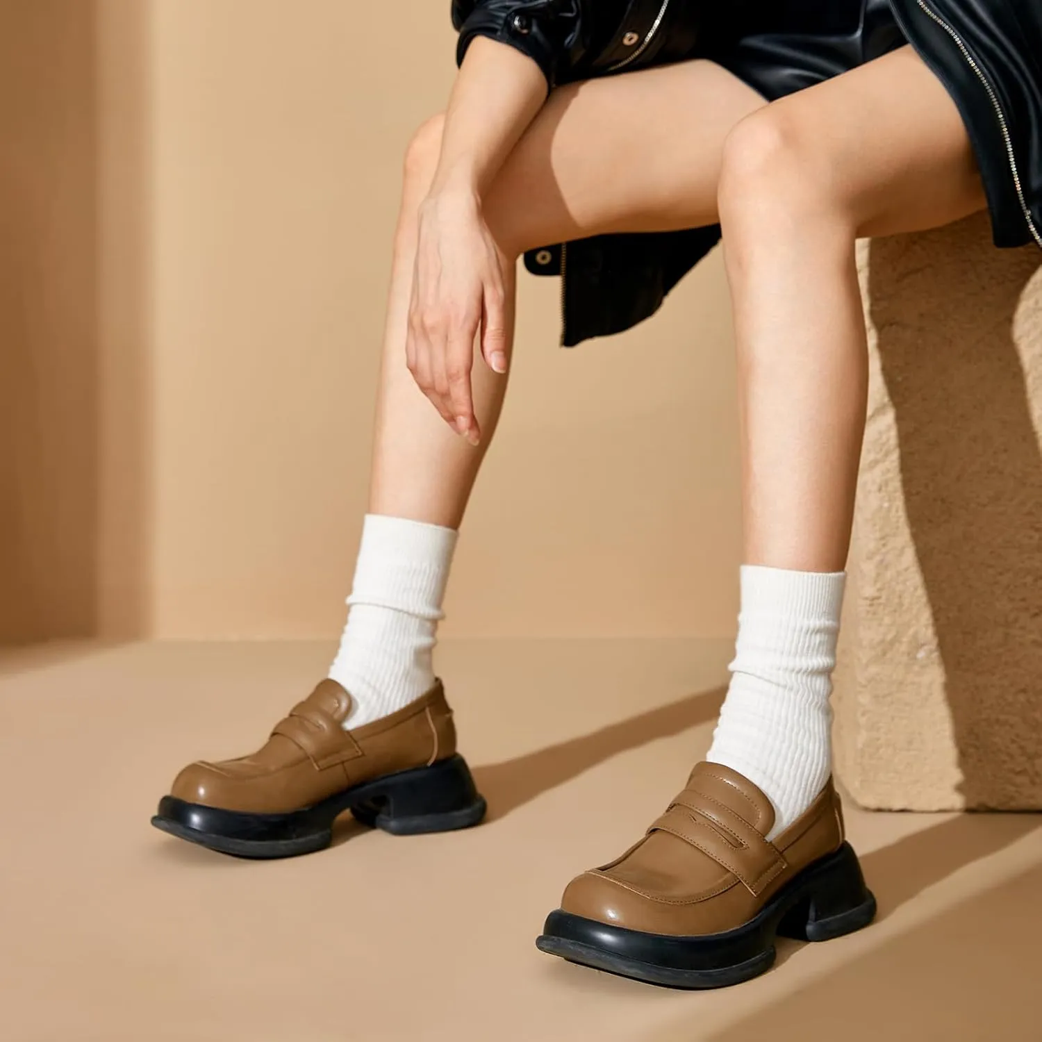 BEAU TODAY Chunky Loafers for Women, Womens Leather Penny Loafers, Comfortable Slip on Business Casual Square Toe Non-Slip Office Ladies Dress Shoes