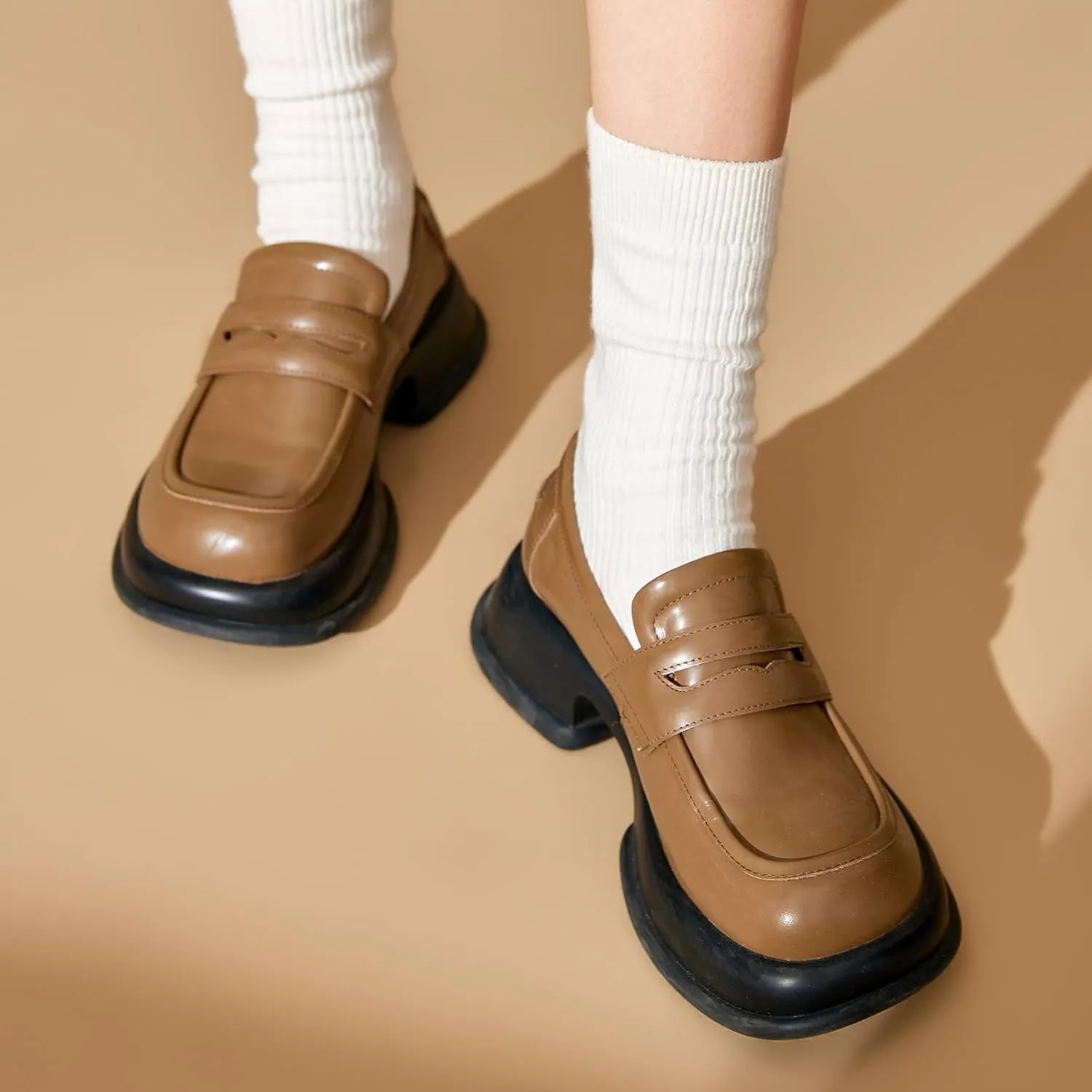 BEAU TODAY Chunky Loafers for Women, Womens Leather Penny Loafers, Comfortable Slip on Business Casual Square Toe Non-Slip Office Ladies Dress Shoes
