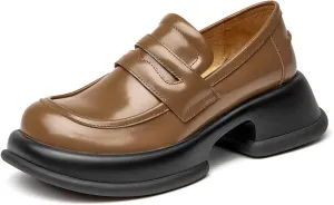 BEAU TODAY Chunky Loafers for Women, Womens Leather Penny Loafers, Comfortable Slip on Business Casual Square Toe Non-Slip Office Ladies Dress Shoes