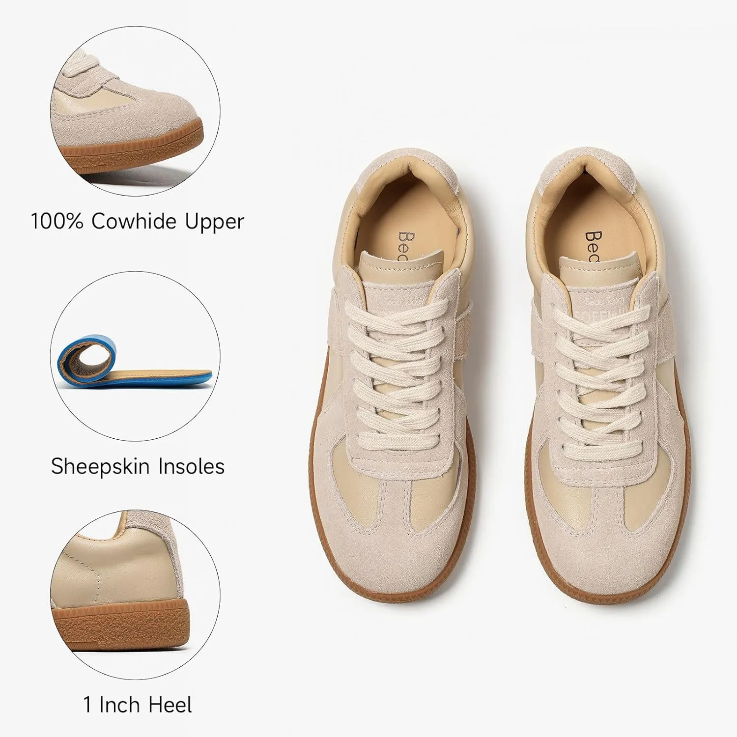 BEAU TODAY Fashion Sneakers Women,Leather Casual Lace Up Retro OG Sneakers,Comfortable Tennis Runnig Trainer Shoes