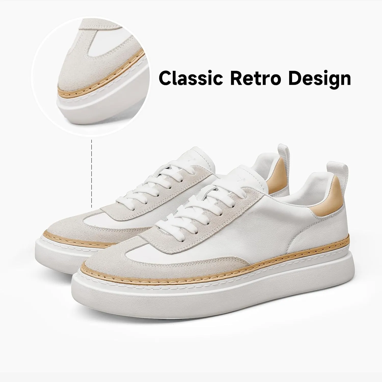 BEAU TODAY Men's Dress Sneakers, Leather Fashion Sneakers for Men Oxfords Classic Handmade Comfortable Lace Up Platform Flat Sneakers Tennis Retro Shoes