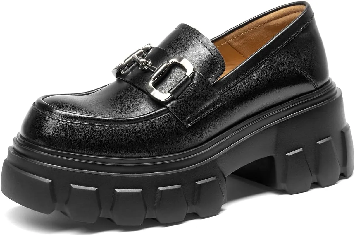 BEAU TODAY Platform Loafers for Women,Leather Chunky Loafers for Women,Heel Lug Sole Slip-on Breathable Horsebit Non-Slip Loafers for Work Business Casual