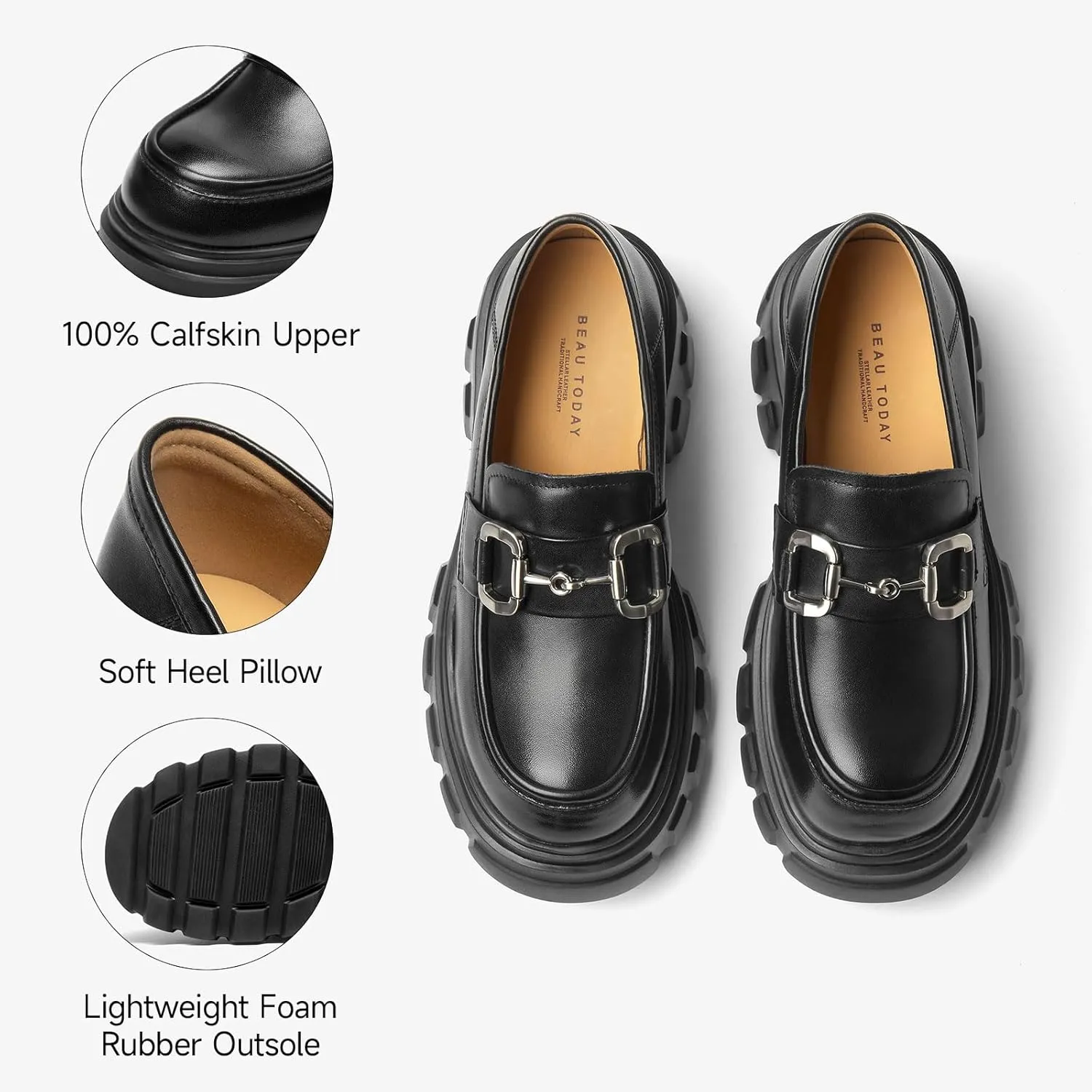 BEAU TODAY Platform Loafers for Women,Leather Chunky Loafers for Women,Heel Lug Sole Slip-on Breathable Horsebit Non-Slip Loafers for Work Business Casual